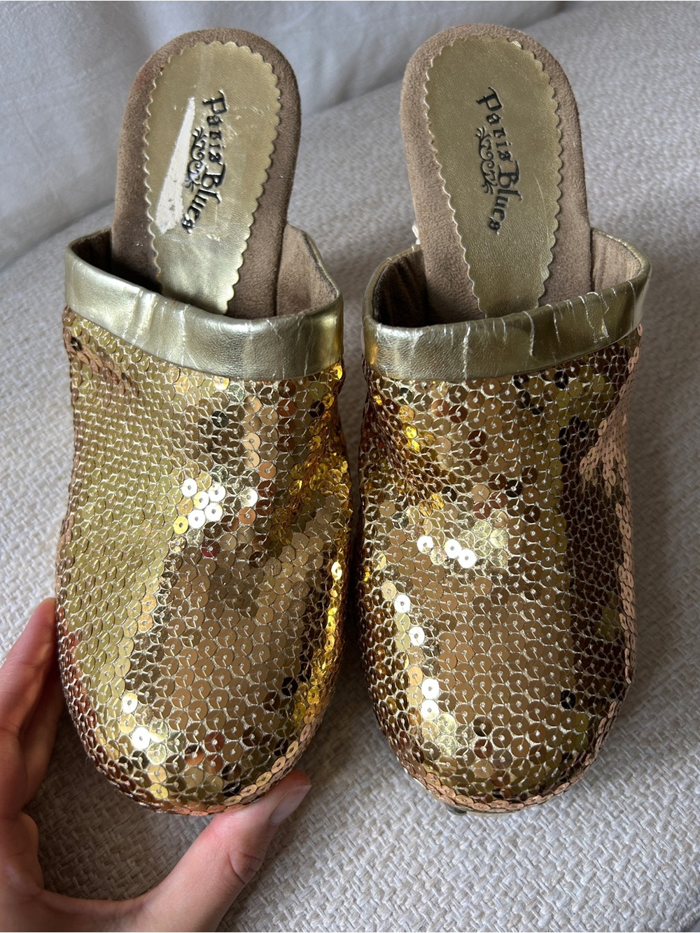 Vintage Paris Blues Gold Sequin Platform Clog Heels Y2K Disco Glam Size 10